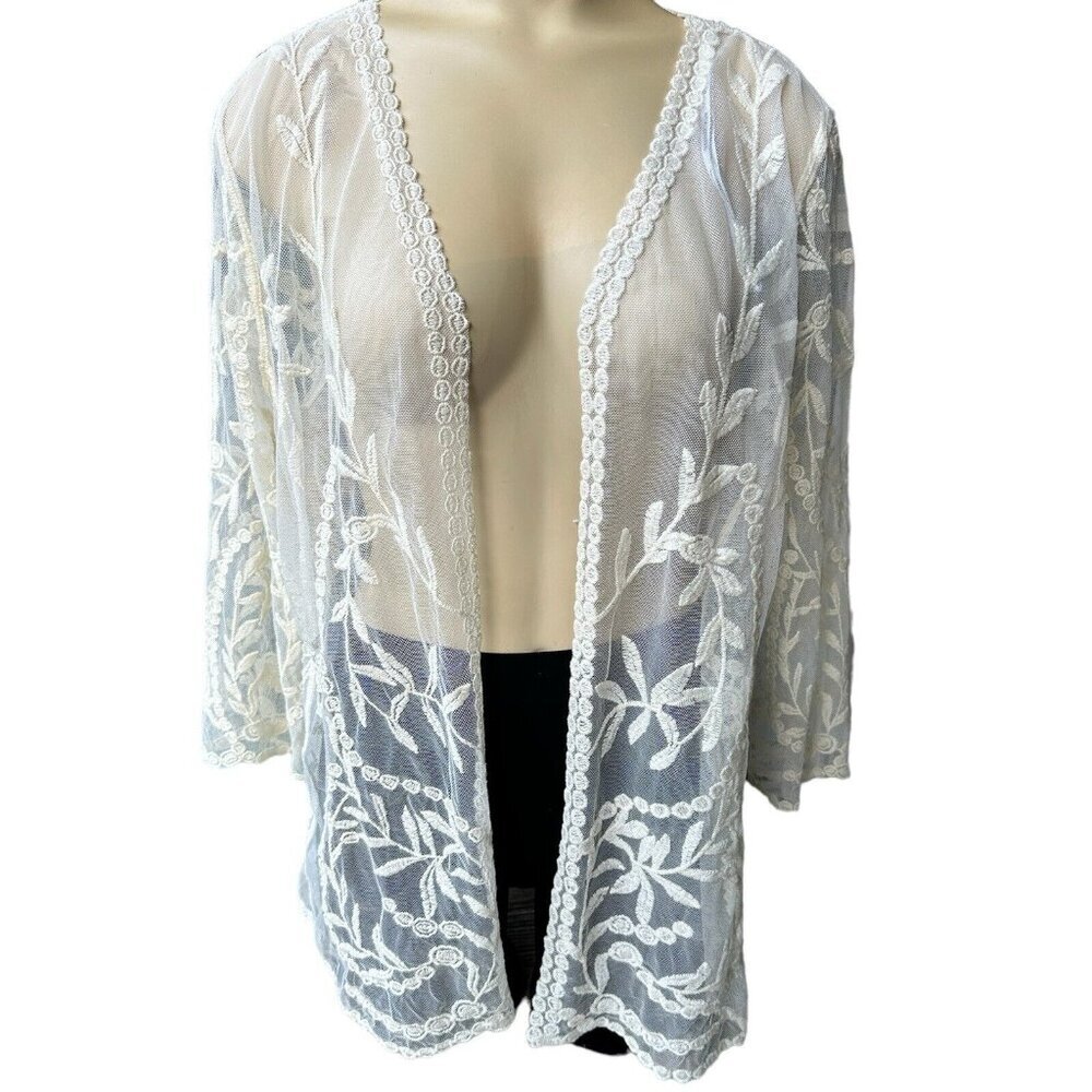 Nina Leonard Top Duster Medium Open Front White Lace Cottage Core Romantic NWT